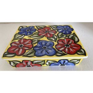 Handpainted ceramic trinket box yellow with red and blue flowers signed